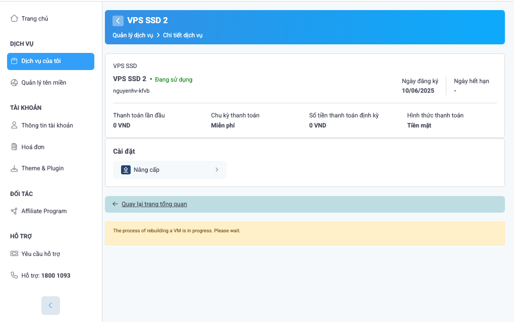 Truy cập lại VPS để sử dụng