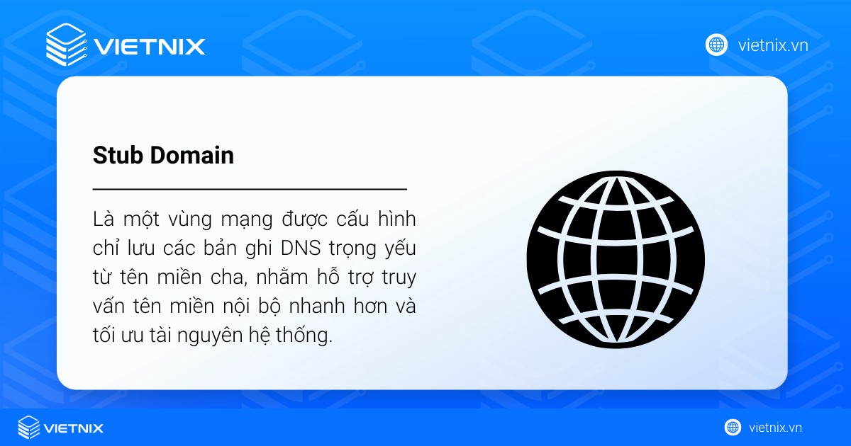 Stub Domain là một vùng mạng được cấu hình chỉ lưu các bản ghi DNS trọng yếu từ tên miền cha