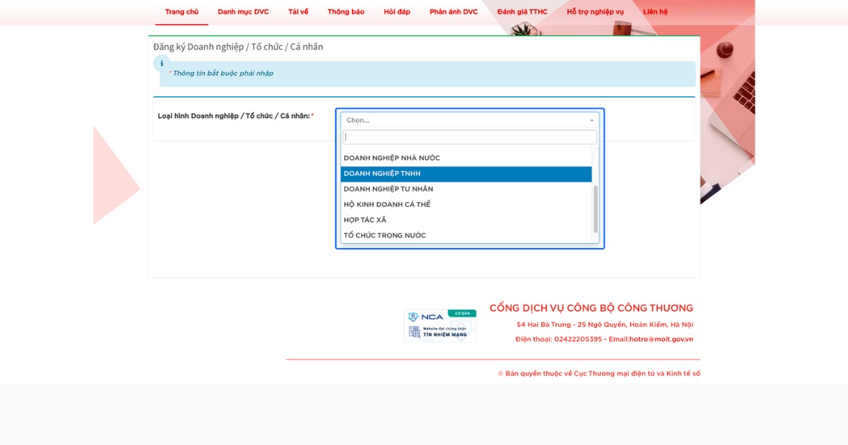 Chọn loại hình phù hợp với đơn vị