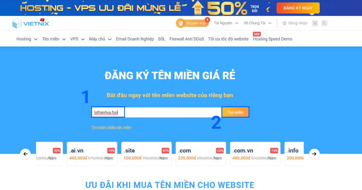 Nhập chính xác tên miền .fun mong muốn vào ô tìm kiếm, sau đó nhấn Tìm kiếm