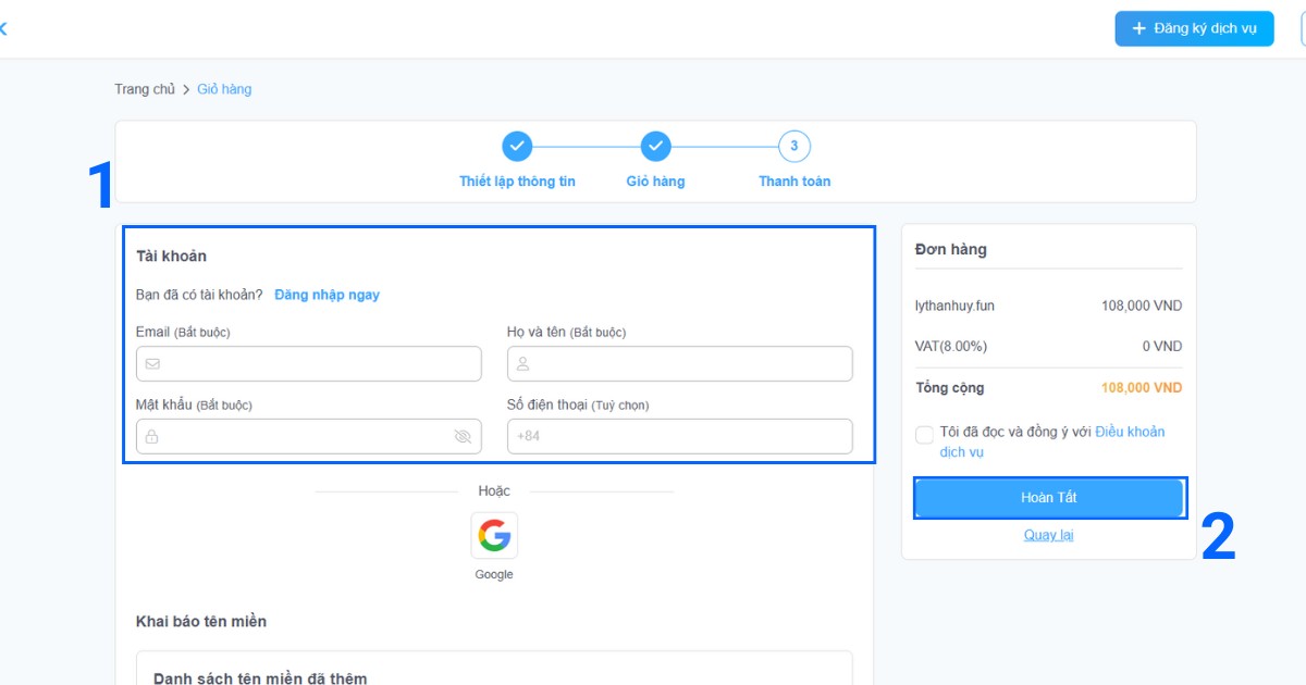 Sau đăng nhập, điền đầy đủ và chuẩn xác thông tin chủ sở hữu tên miền vào mẫu khai báo được cung cấp
