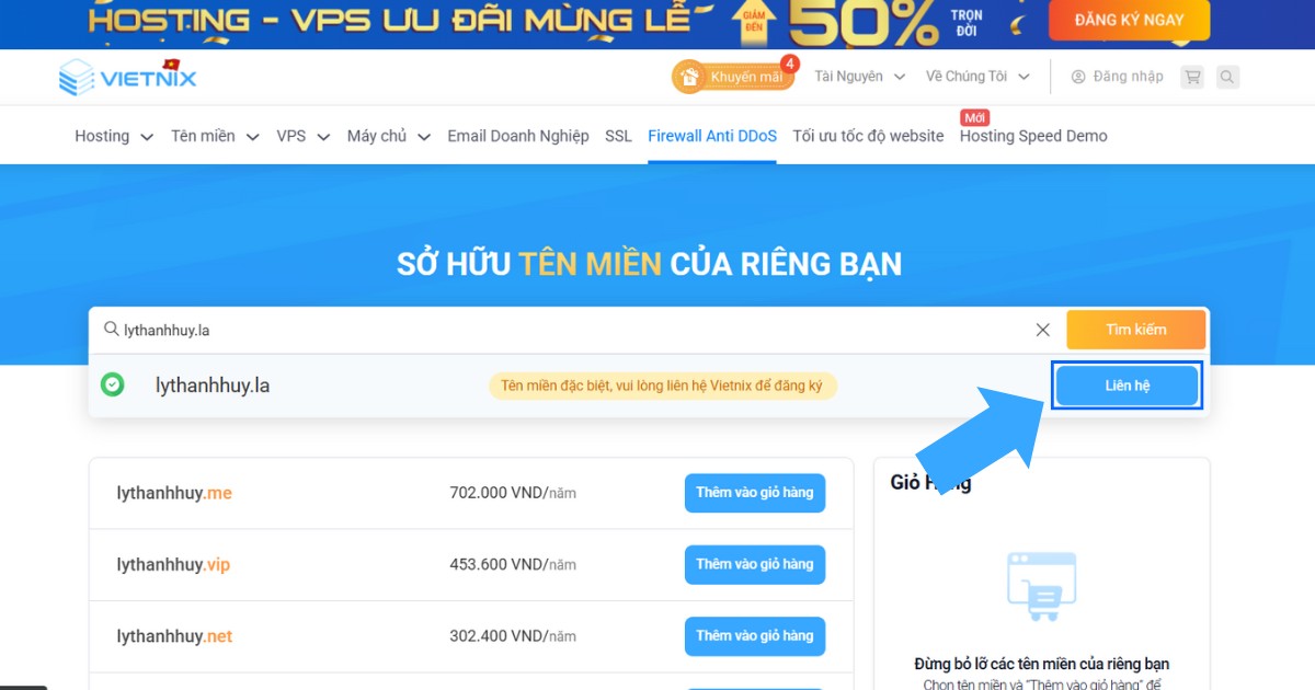 Khi tên miền còn trống, hãy nhấn vào nút Liên hệ để nhận được hướng dẫn chi tiết về quy trình mua tên miền