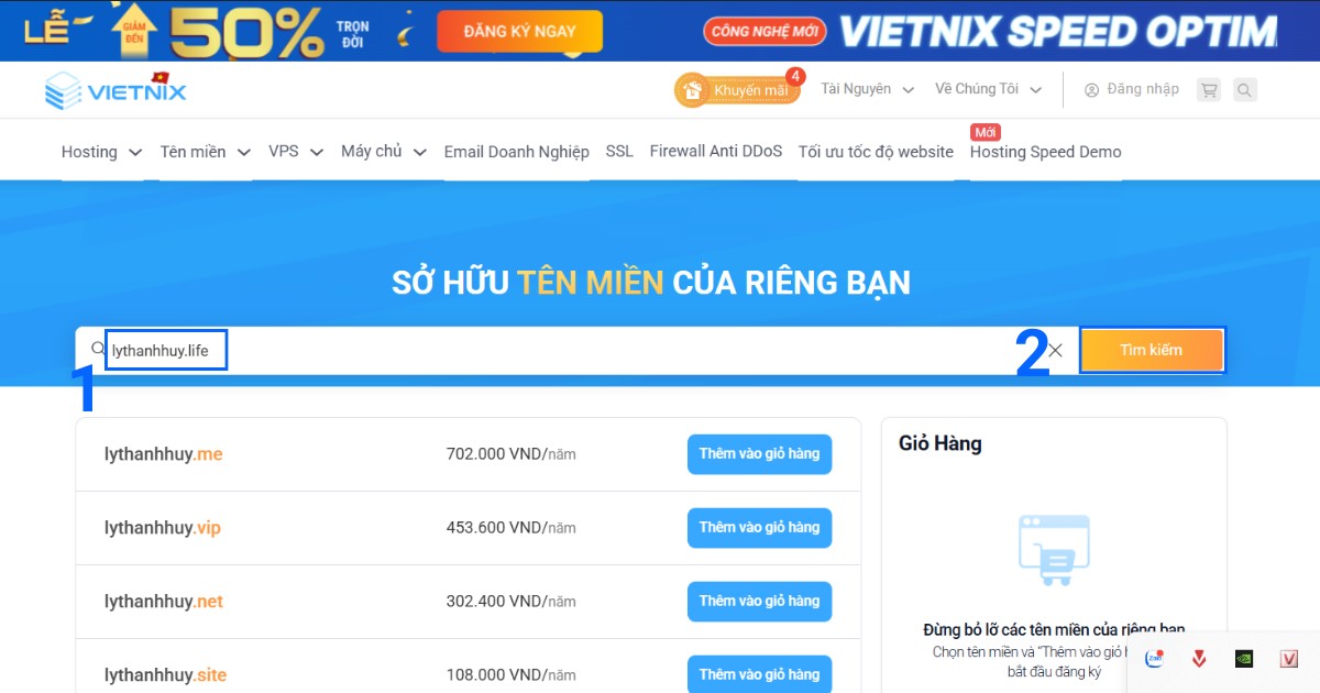 Nhập tên miền .life bạn muốn vào ô tìm kiếm