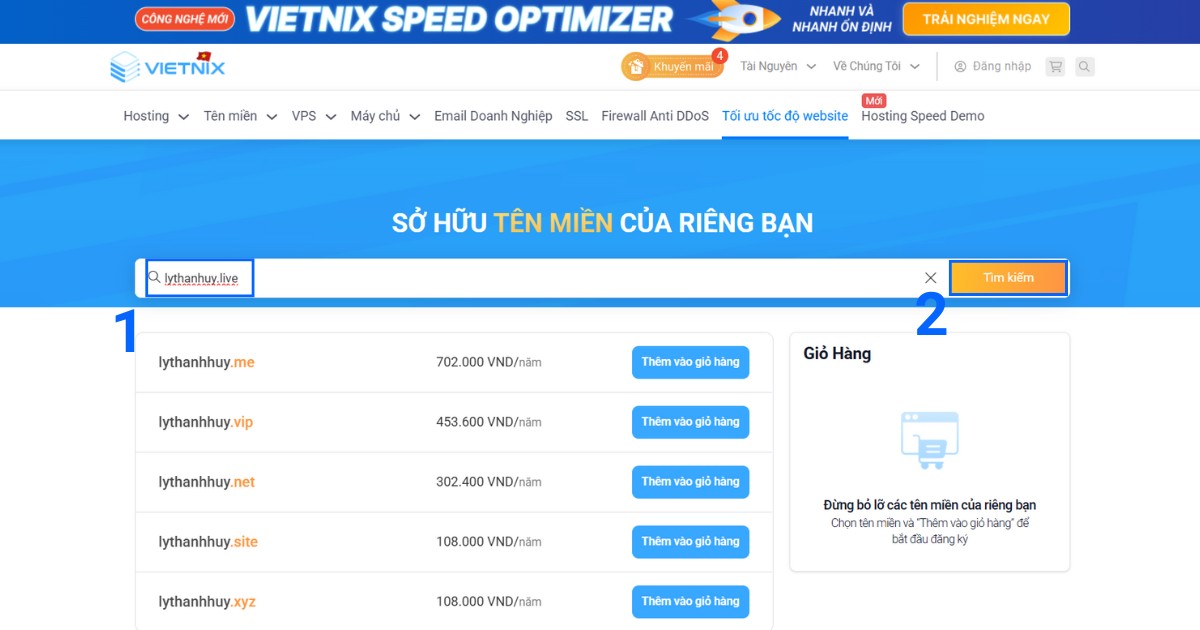 Điền tên miền .live vào ô kiểm tra, nhấn Tìm kiếm để kiểm tra trạng thái sẵn có