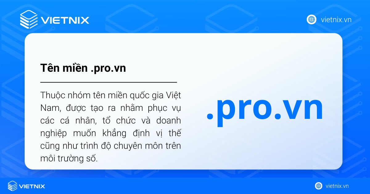 Tên miền .pro.vn thuộc nhóm tên miền quốc gia Việt Nam, được tạo ra nhằm phục vụ các cá nhân, tổ chức và doanh nghiệp muốn khẳng định vị thế