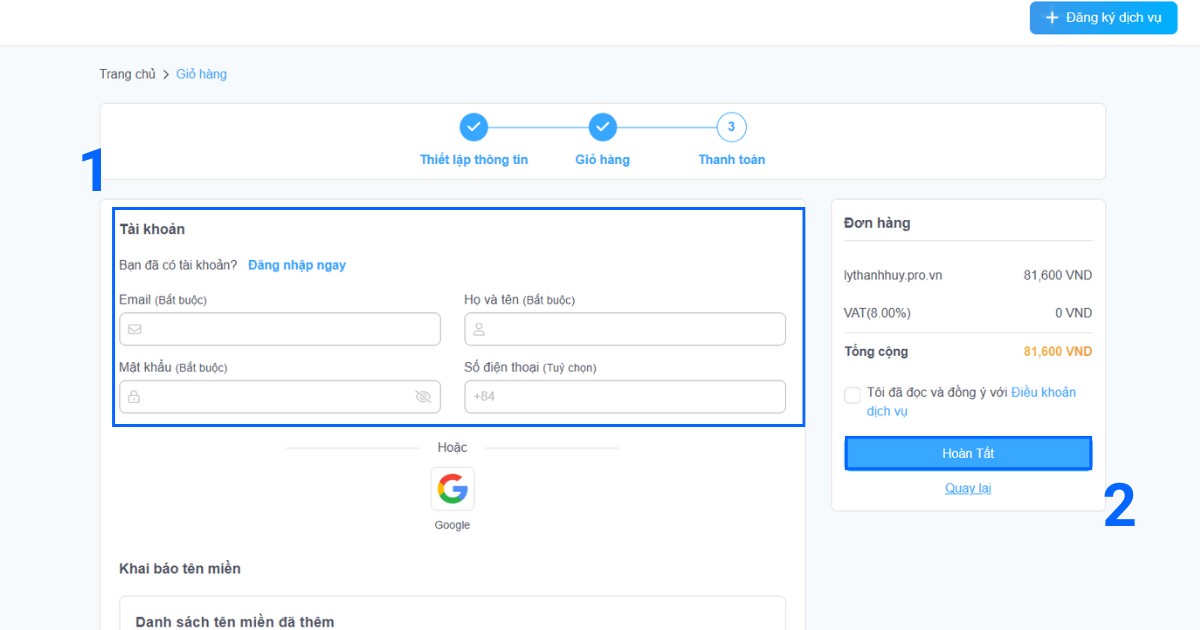  Nhập đầy đủ, chính xác thông tin chủ sở hữu tên miền như yêu cầu