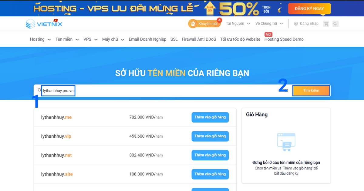 Nhập chính xác tên miền .pro.vn mong muốn vào ô tìm kiếm