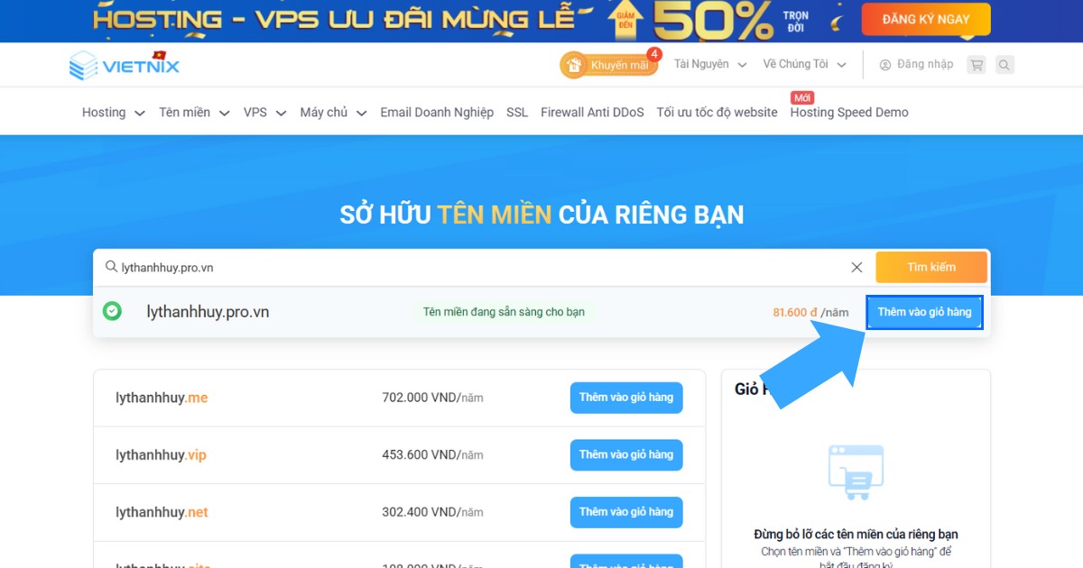 Nếu tên miền còn trống, chọn Thêm vào giỏ hàng