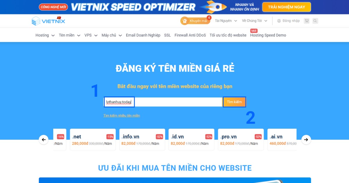 Nhập tên miền .today mà bạn mong muốn vào ô tìm kiếm, sau đó nhấn Tìm kiếm