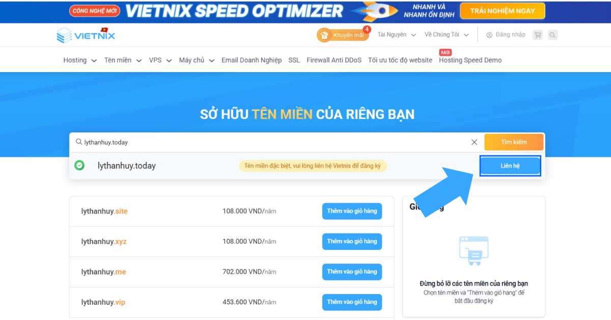 Khi tên miền còn trống, nhấn vào nút Liên hệ 
