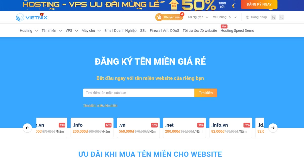 Bạn cần truy cập vào trang đăng ký tên miền của Vietnix