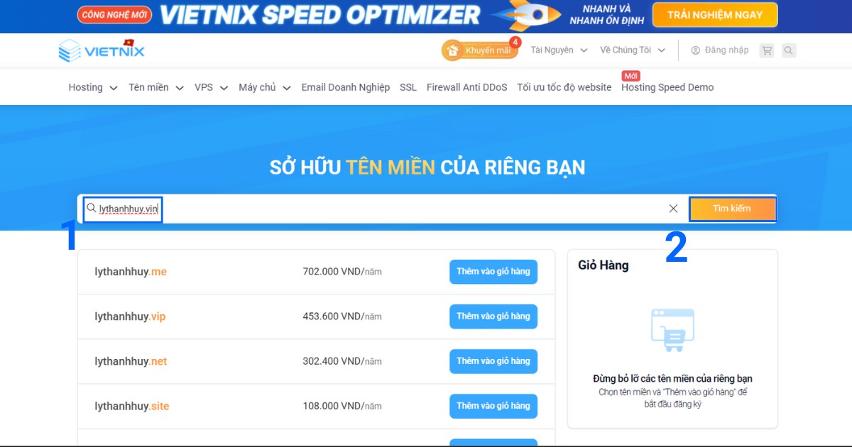 Bạn hãy nhập tên miền .vin mong muốn vào khung tìm kiếm, sau đó nhấn Tìm kiếm