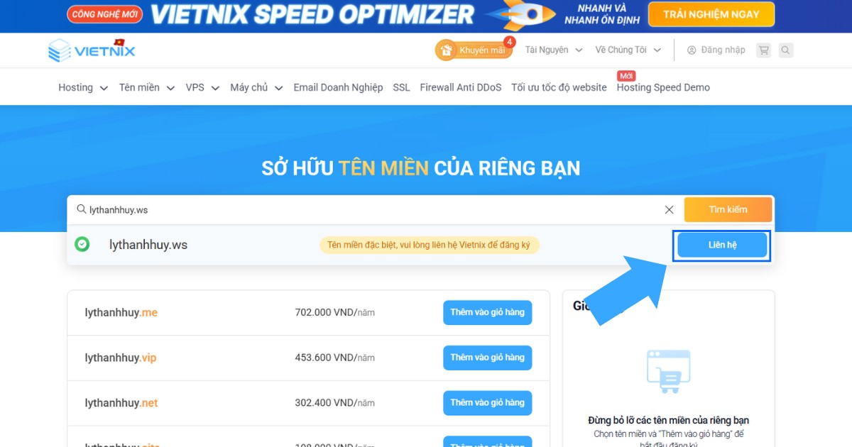 Nhấn vào nút Liên hệ để nhận hướng dẫn chi tiết từ Vietnix về quy trình mua tên miền