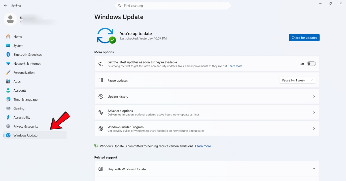Vào phần Windows Update