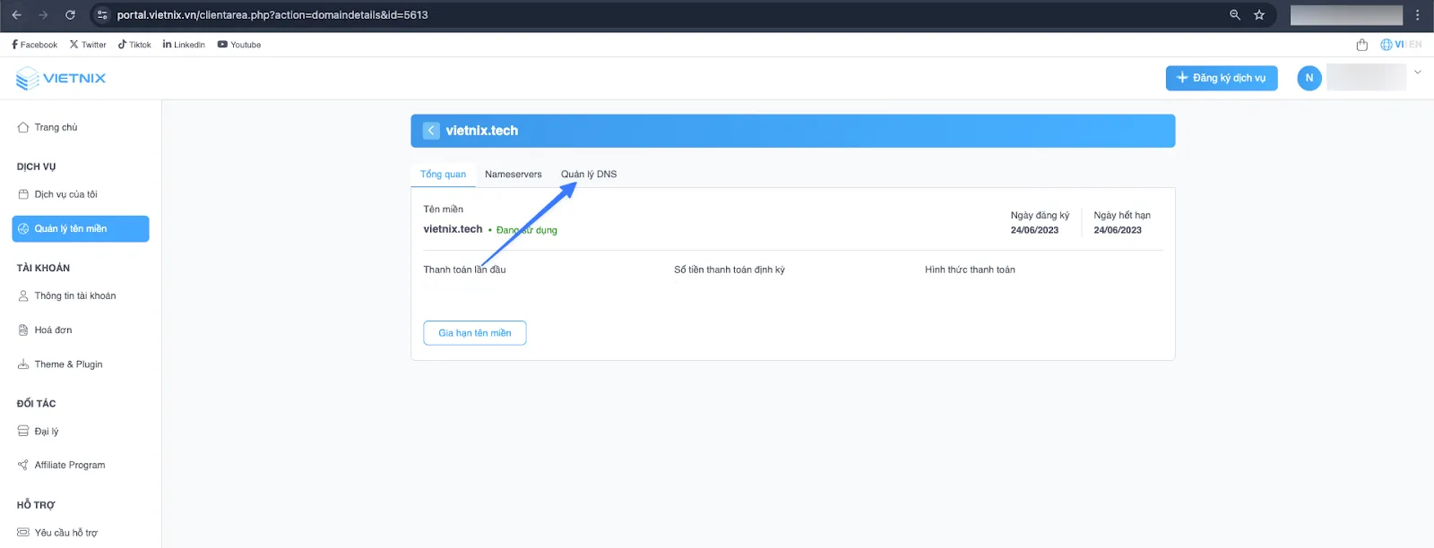Chọn mục Quản lý DNS