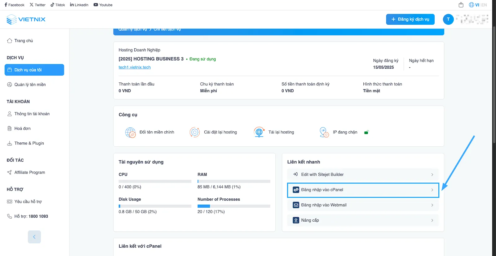 Đăng nhập vào cPanel