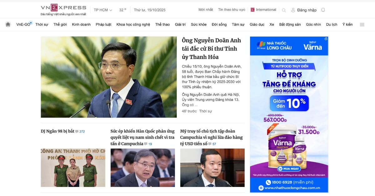 Giao diện điều hướng phân cấp trên trang chủ VnExpress