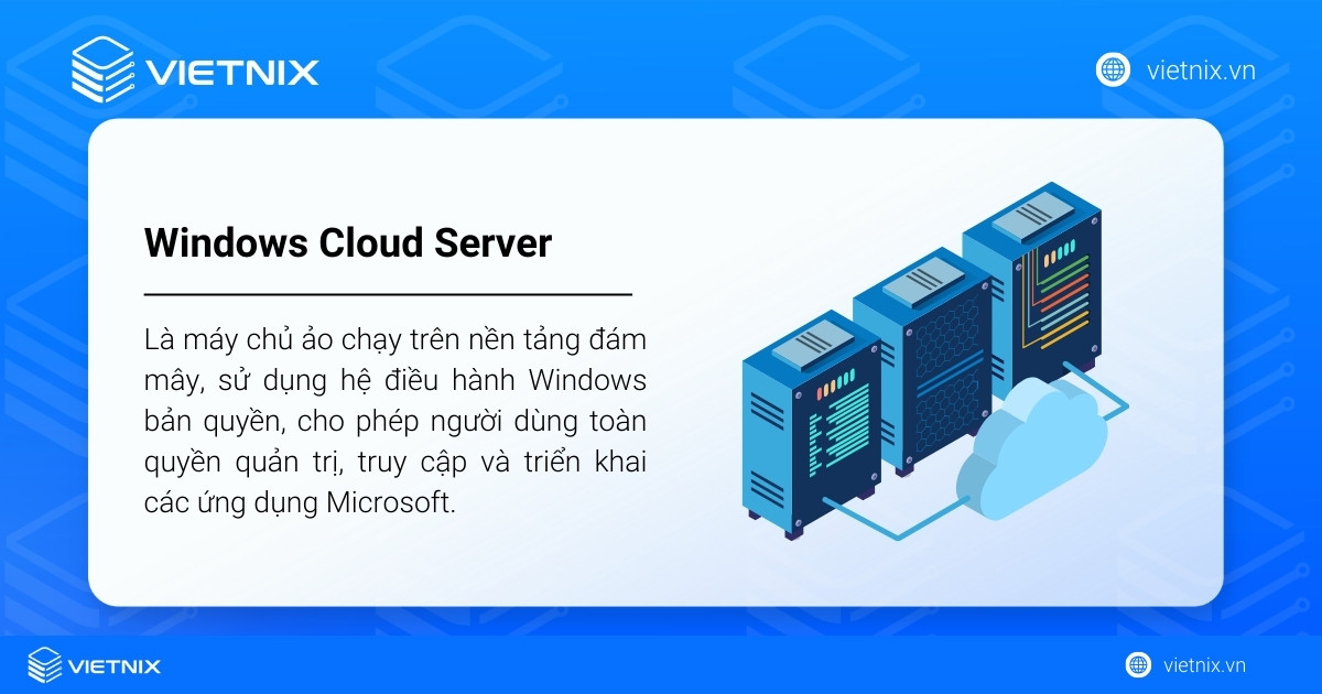 Windows Cloud Server là máy chủ ảo chạy trên nền tảng đám mây, sử dụng hệ điều hành Windows bản quyền