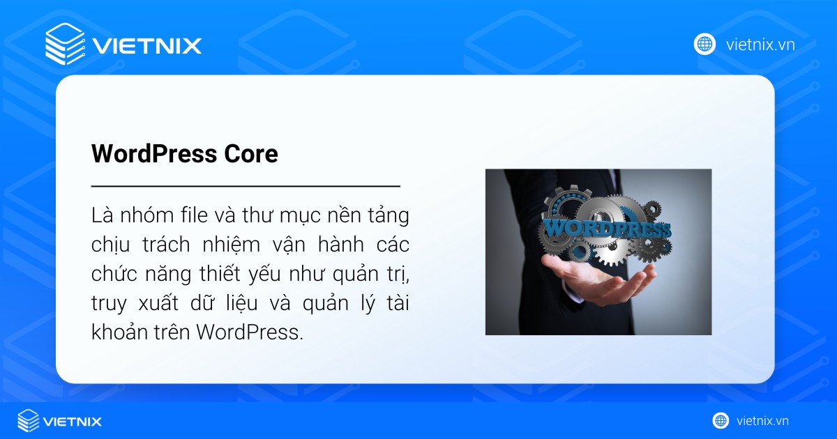 WordPress Core là nhóm file và thư mục nền tảng chịu trách nhiệm vận hành các chức năng thiết yếu