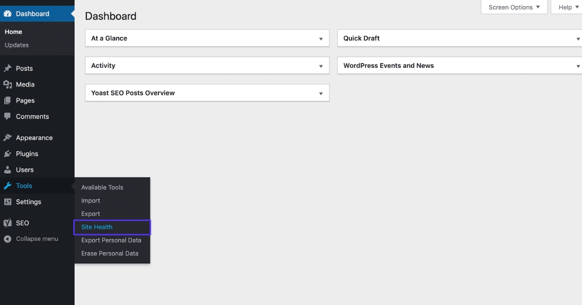 Hướng dẫn cách sửa lỗi Updating failed. Could not update post in the database trên WordPress 27 Bạn điều hướng đến Tools và chọn Site Health