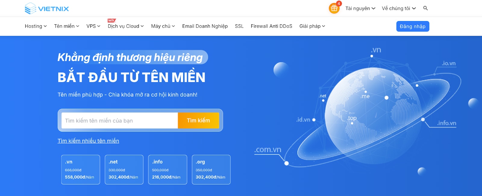 Giao diện menu website Vietnix