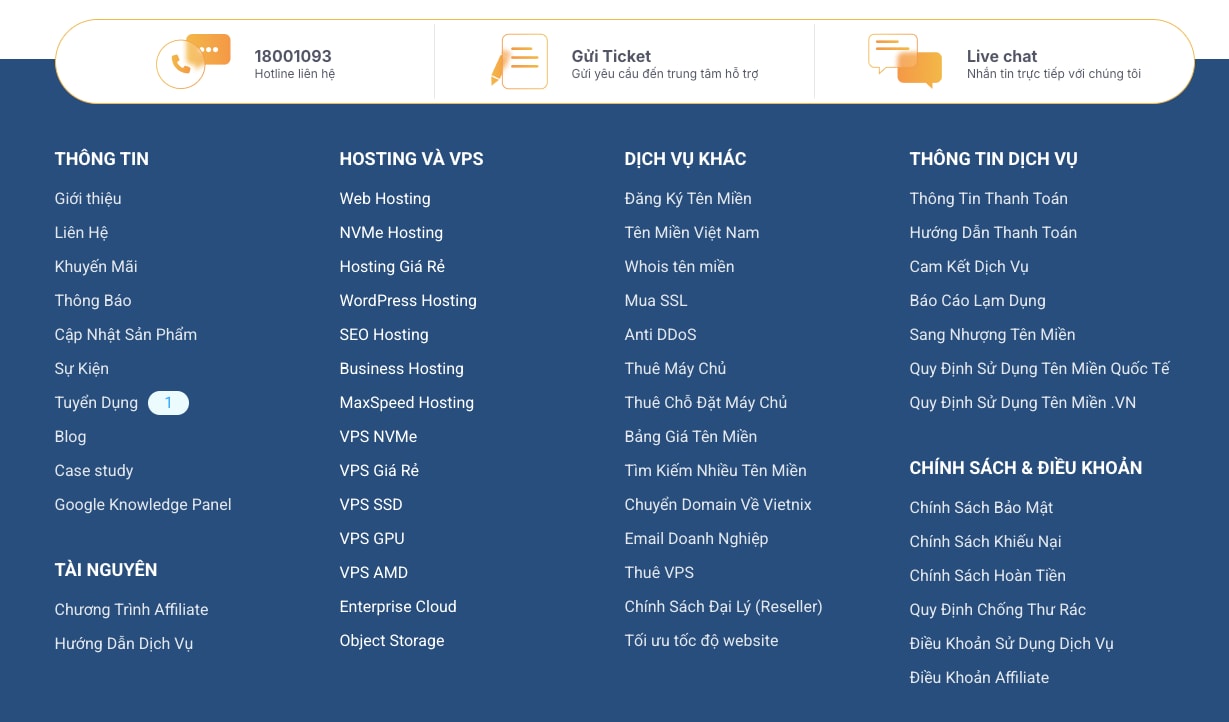 Giao diện footer website Vietnix