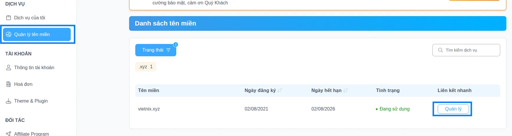 Chọn menu Quản lý tên miền