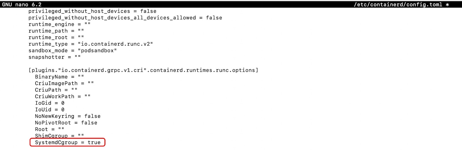 Thêm dòng SystemdCgroup = true
