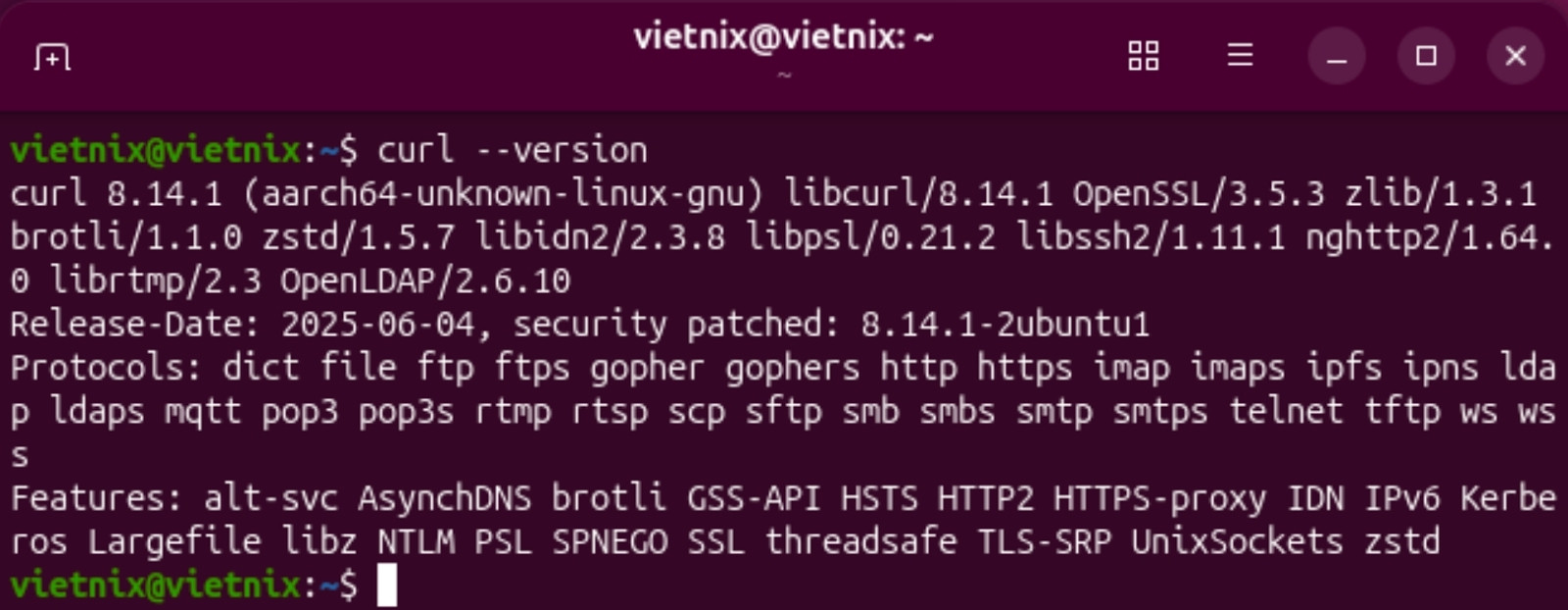 Lệnh kiểm tra phiên bản cURL