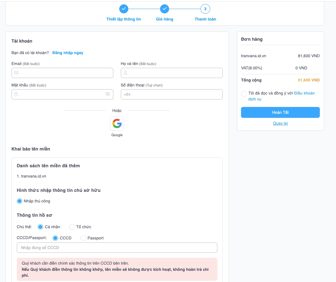 Đăng nhập và khai báo tên miền