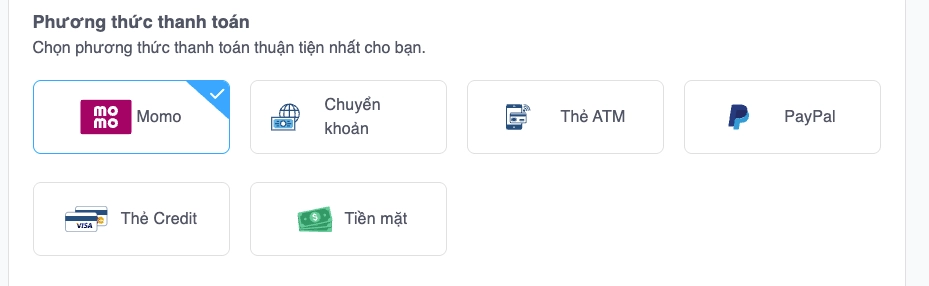 Lựa chọn phương thức và hoàn tất thanh toán