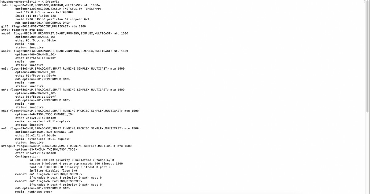 Nhập lệnh ifconfig và nhấn Enter để xem địa chỉ MAC