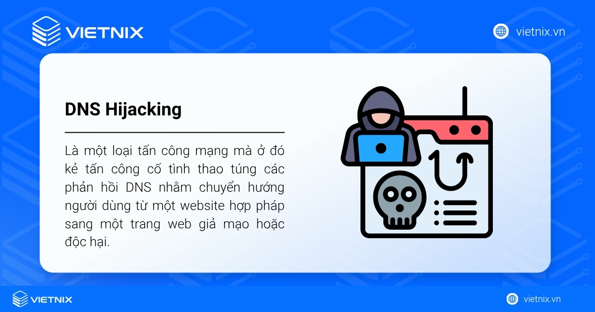 DNS Hijacking là một kỹ thuật tấn công mà kẻ xấu thay đổi cài đặt DNS