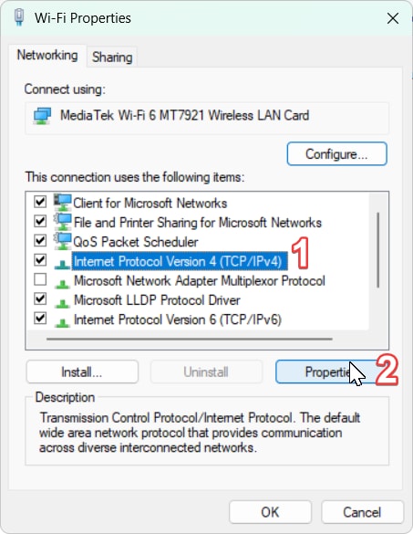 Tìm Internet Protocol Version 4 (TCP/IPv4) và chọn Properties
