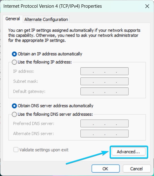 Mở cài đặt nâng cao