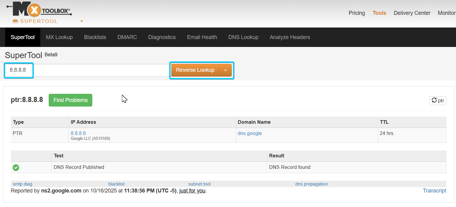 Kiểm tra PTR Record bằng công cụ trực tuyến