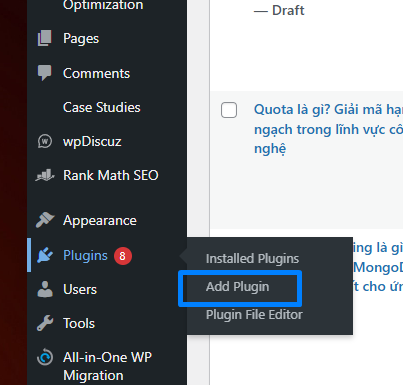 Giao diện add Plugin trên Dashboard WordPress