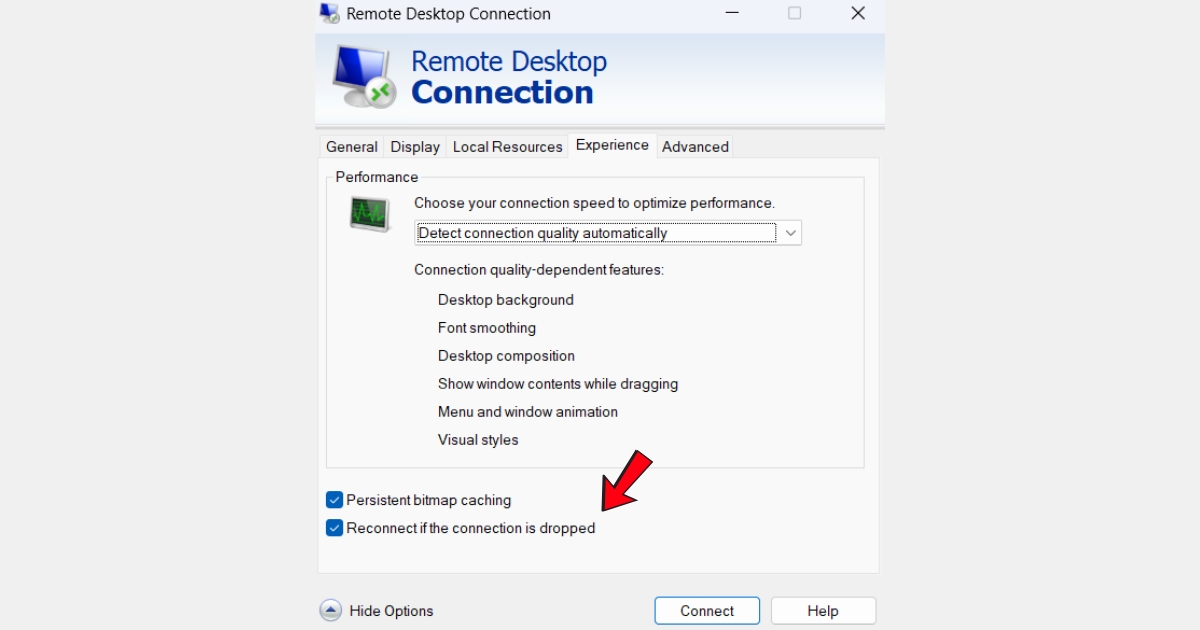 Bạn bỏ chọn ô "Reconnect if connection dropped"