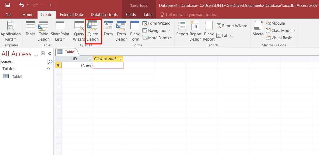Để tạo một truy vấn, bạn vào thẻ Create và chọn Query Design
