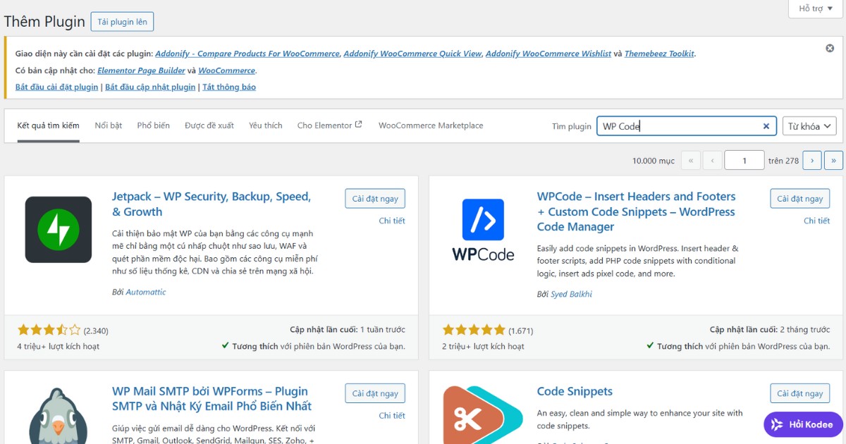 Bạn cần tìm WPCode rồi tiến hành cài đặt rồi kích hoạt