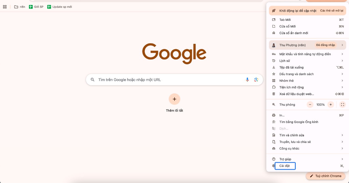 Chọn mục Cài đặt trong danh sách tùy chọn hiện ra