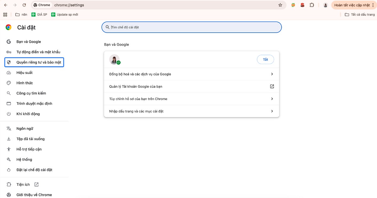 Chọn Quyền riêng tư và bảo mật