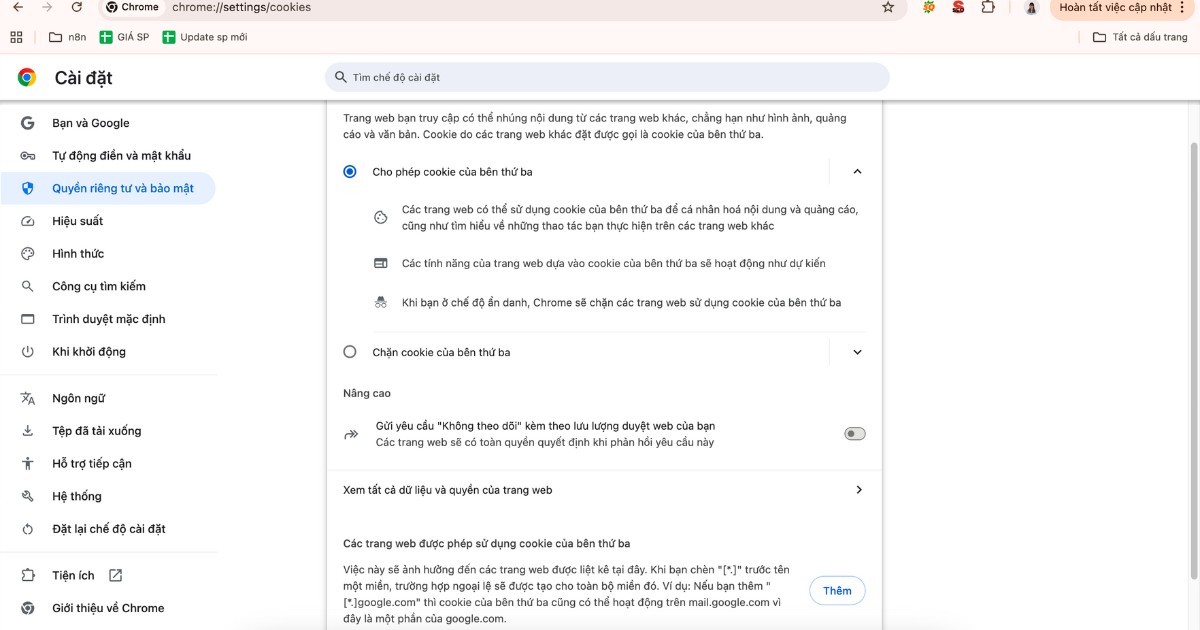 Tắt chức năng chặn cookies
