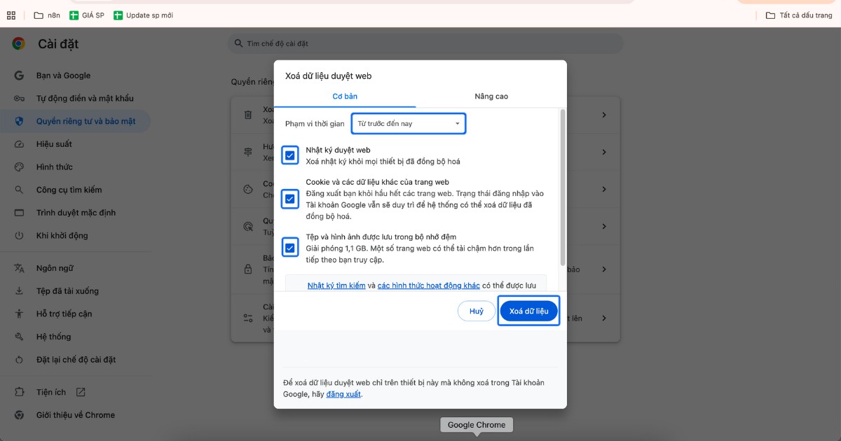 Chọn thời gian, nội dung cần xoá rồi chọn Xoá dữ liệu