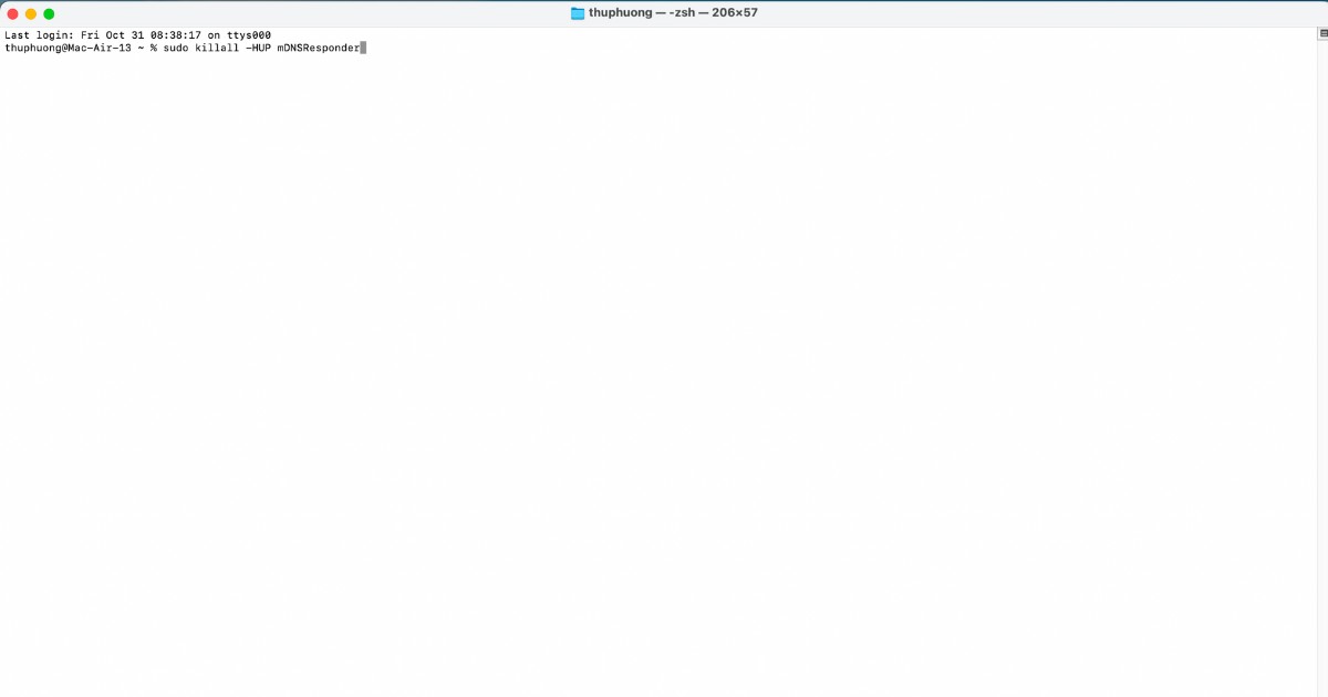 Nhập lệnh sudo killall -HUP mDNSResponder trên Mac