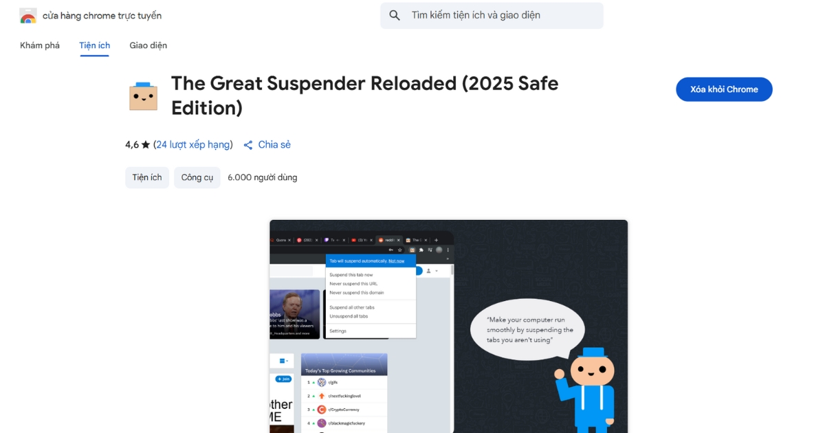 Bạn cài đặt tiện ích The Great Suspender