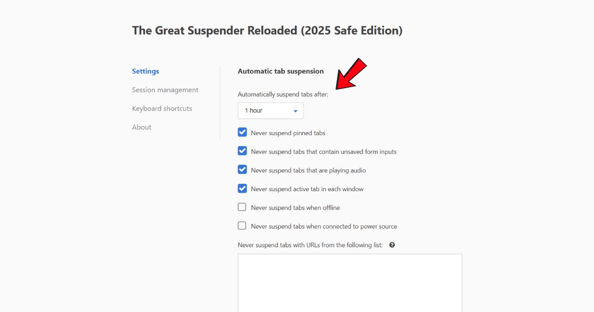 Bạn thiết lập thời gian tại mục Automatically suspend tabs after