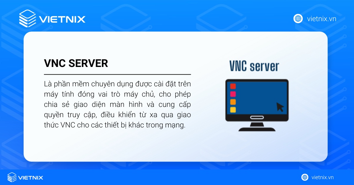 VNC là gì? Tổng quan kiến thức về Virtual Network Computing 23 VNC Server là phần mềm chuyên dụng được cài đặt trên máy tính đóng vai trò máy chủ