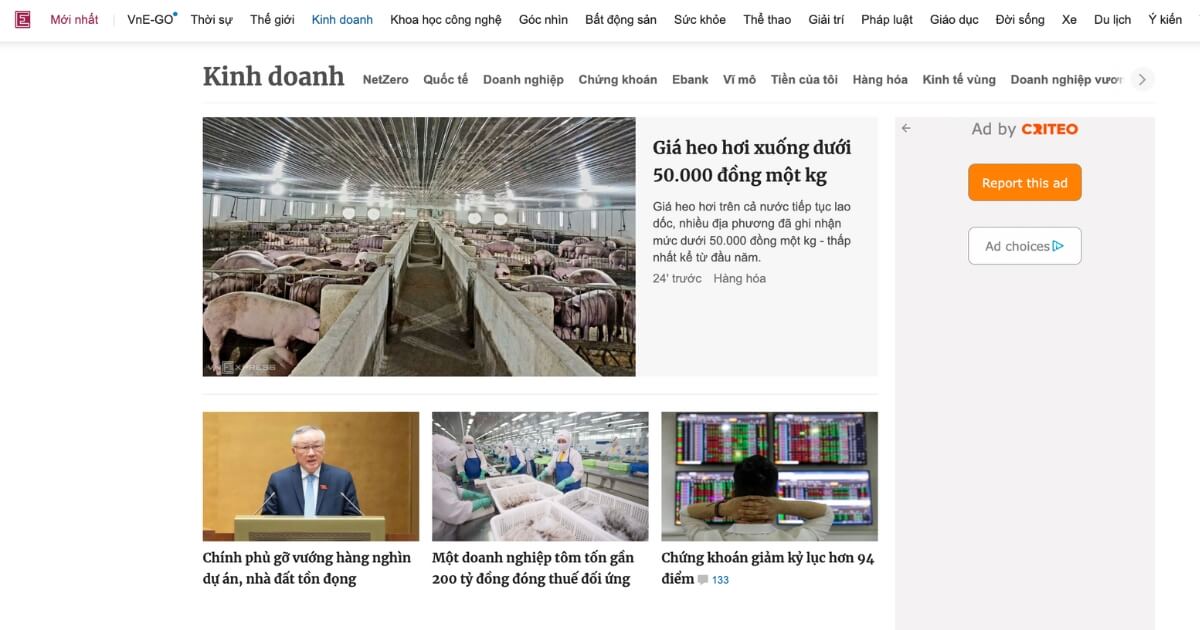 Giao diện submenu VnExpress khi người dùng chọn mục Kinh doanh