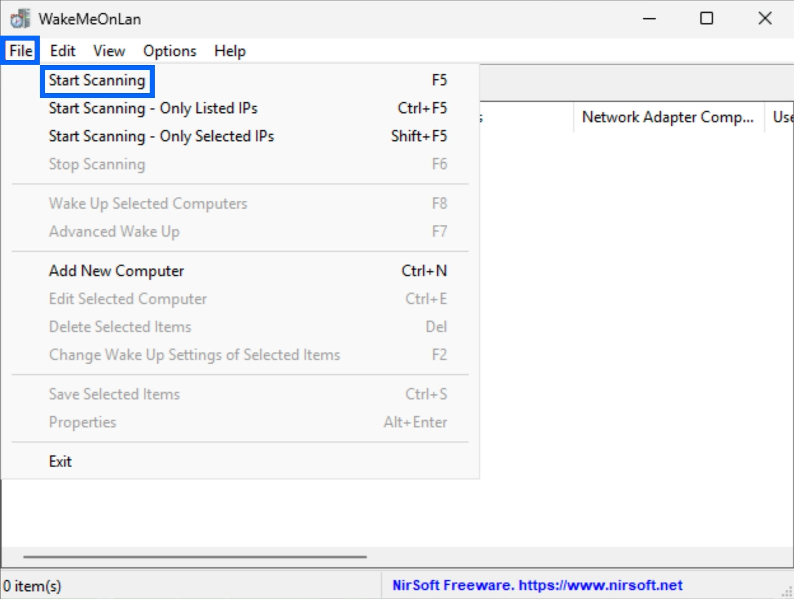 Chọn File và chọn Start Scanning để tự động quét các thiết bị hỗ trợ WOL 